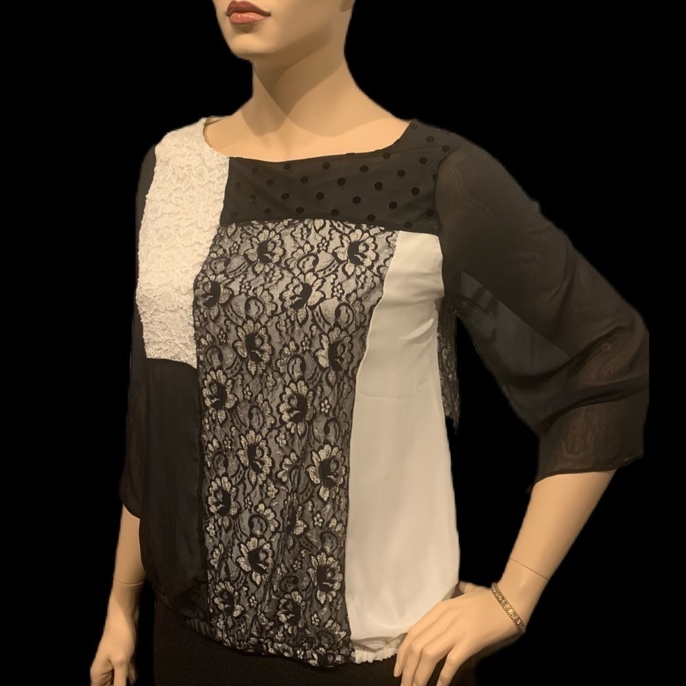 Style & Co Woman Blouse Black Cream Mixed Media Color-Block 3/4 Sleeves Plus 1X - Picture 2 of 8